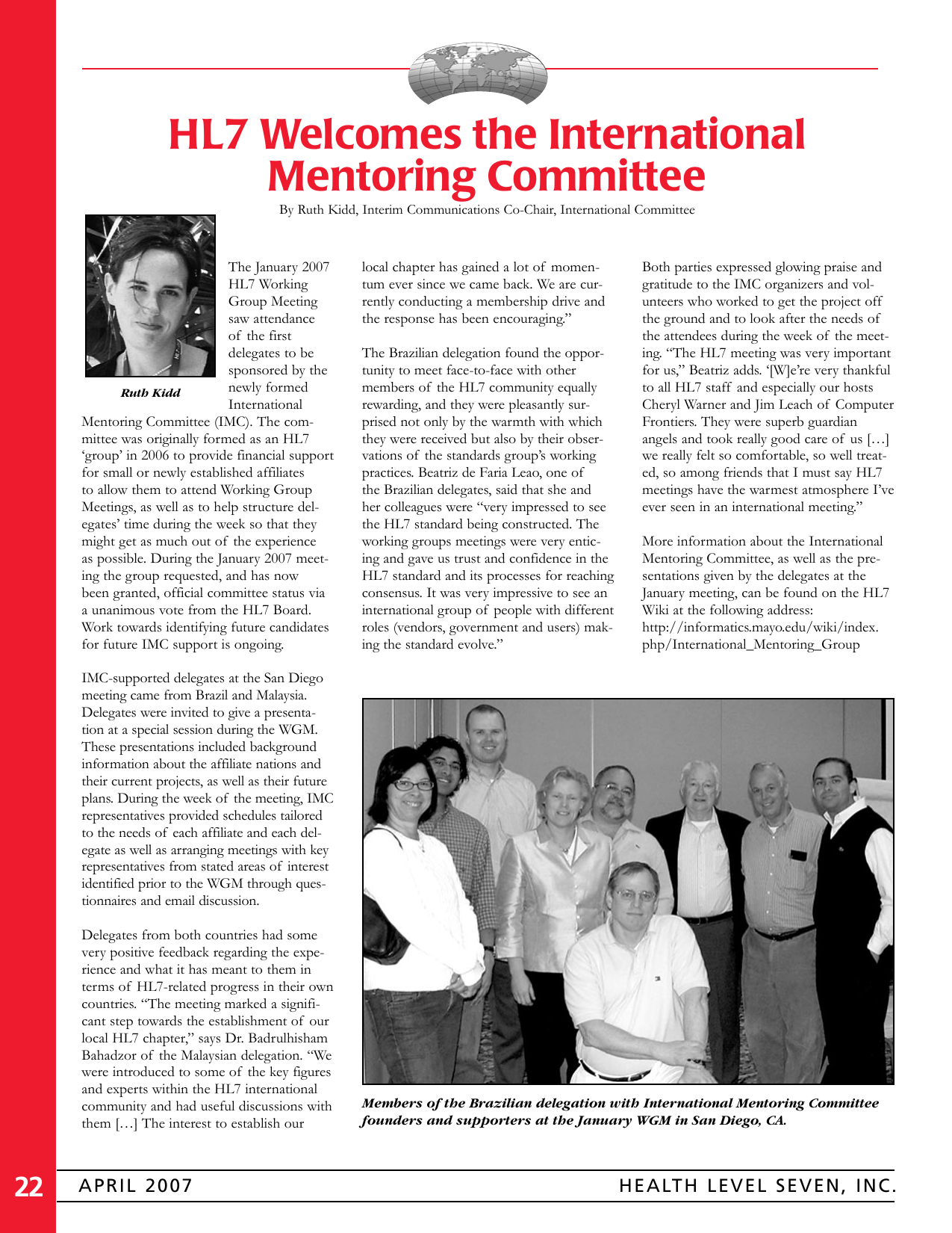 HL7 News April 2007, page 22 — article mentioning Dr Badrulhisham Bahadzor as part of the Malaysian delegation at the HL7 Working Group Meeting in San Diego